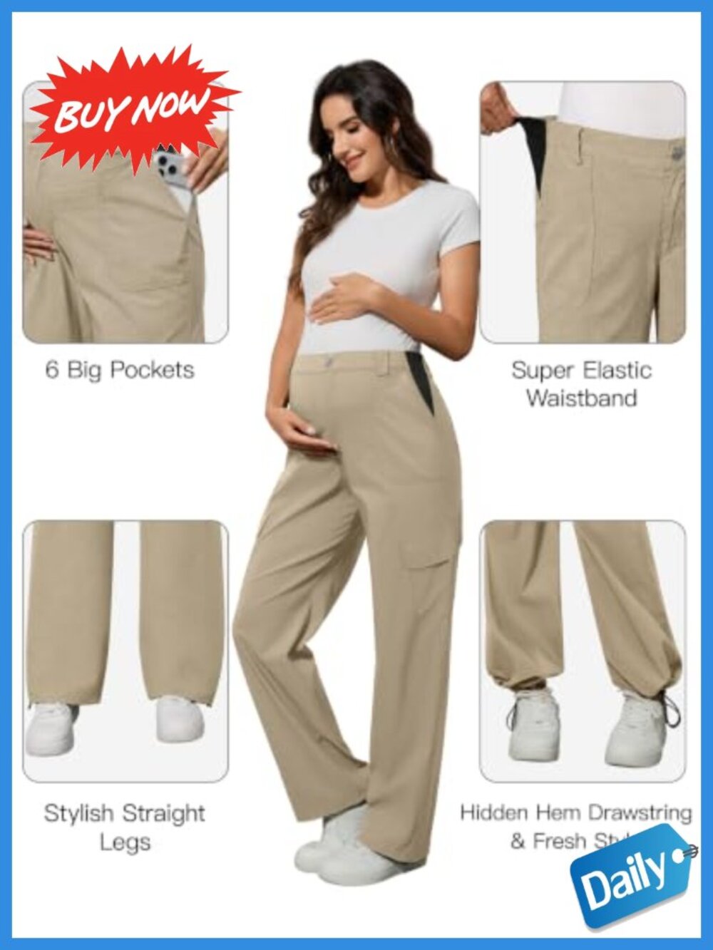 Straight Leg Maternity Cargo Pants Mid Rise Stretch Drawstring Hem - Picture 3 of 6